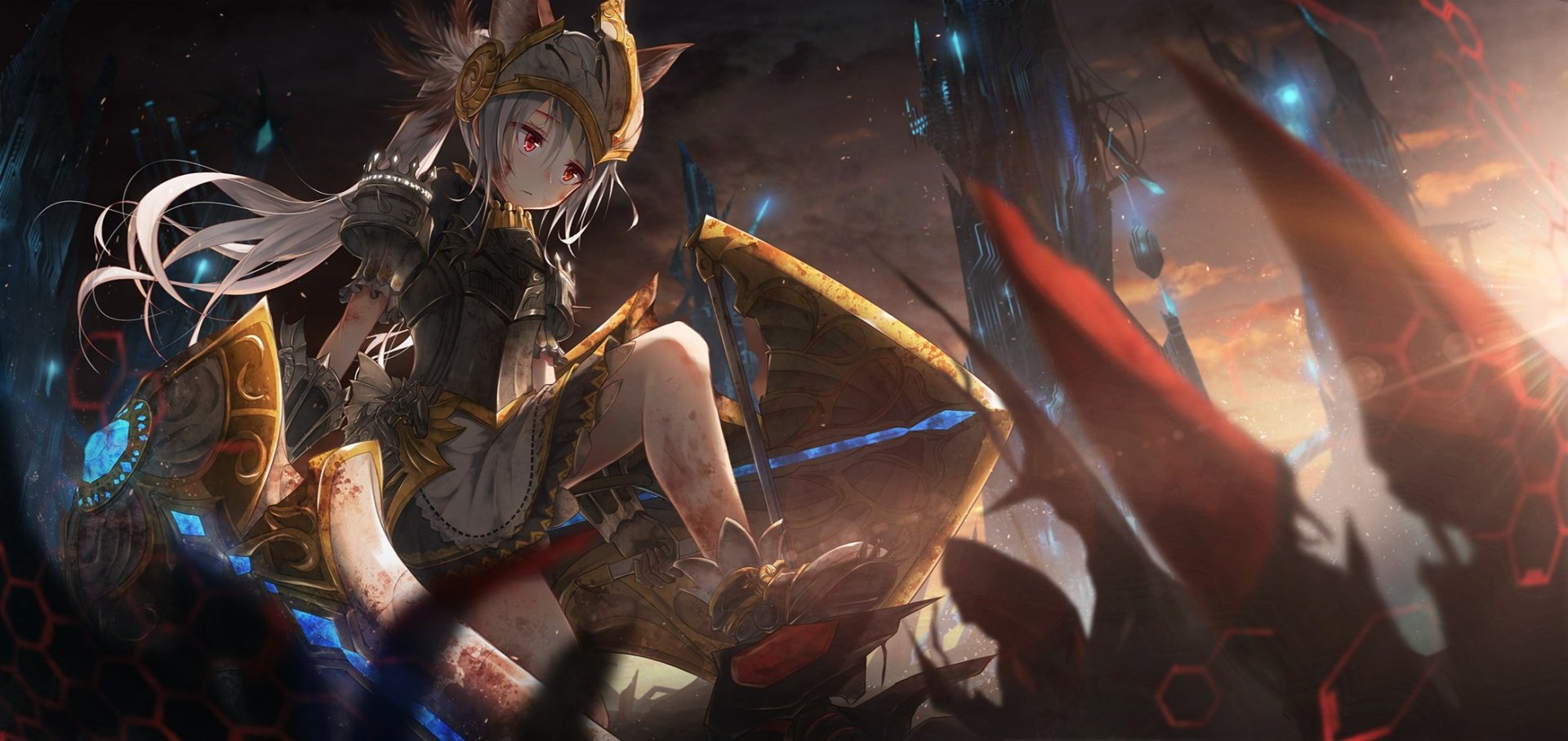 Elin (Tera) in a dynamic battle pose among glowing ruins, vibrant video game artwork rendered as an HD PC desktop wallpaper and background.