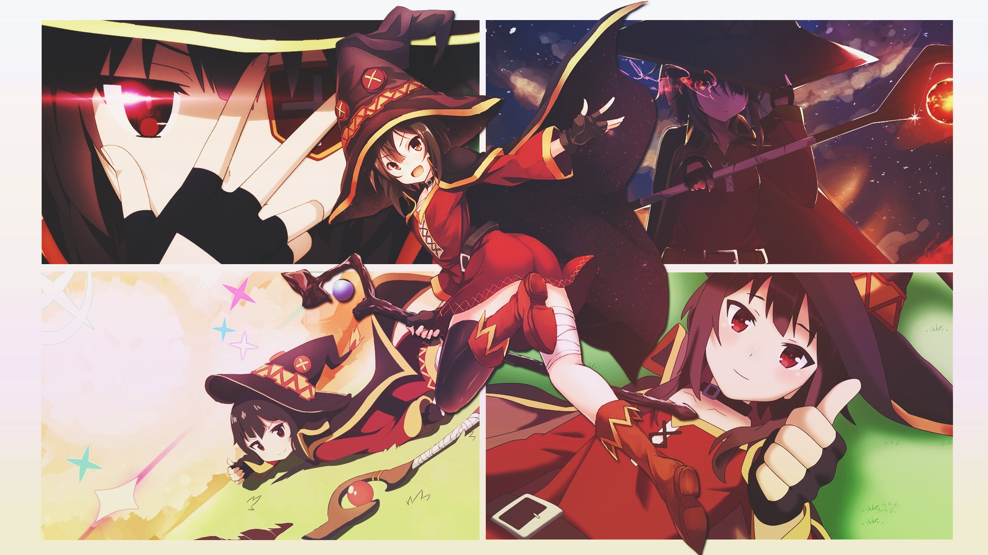 HD PC desktop wallpaper featuring Megumin from the anime KonoSuba - God’s blessing on this wonderful world!! in dynamic poses with vibrant colors and magical effects.
