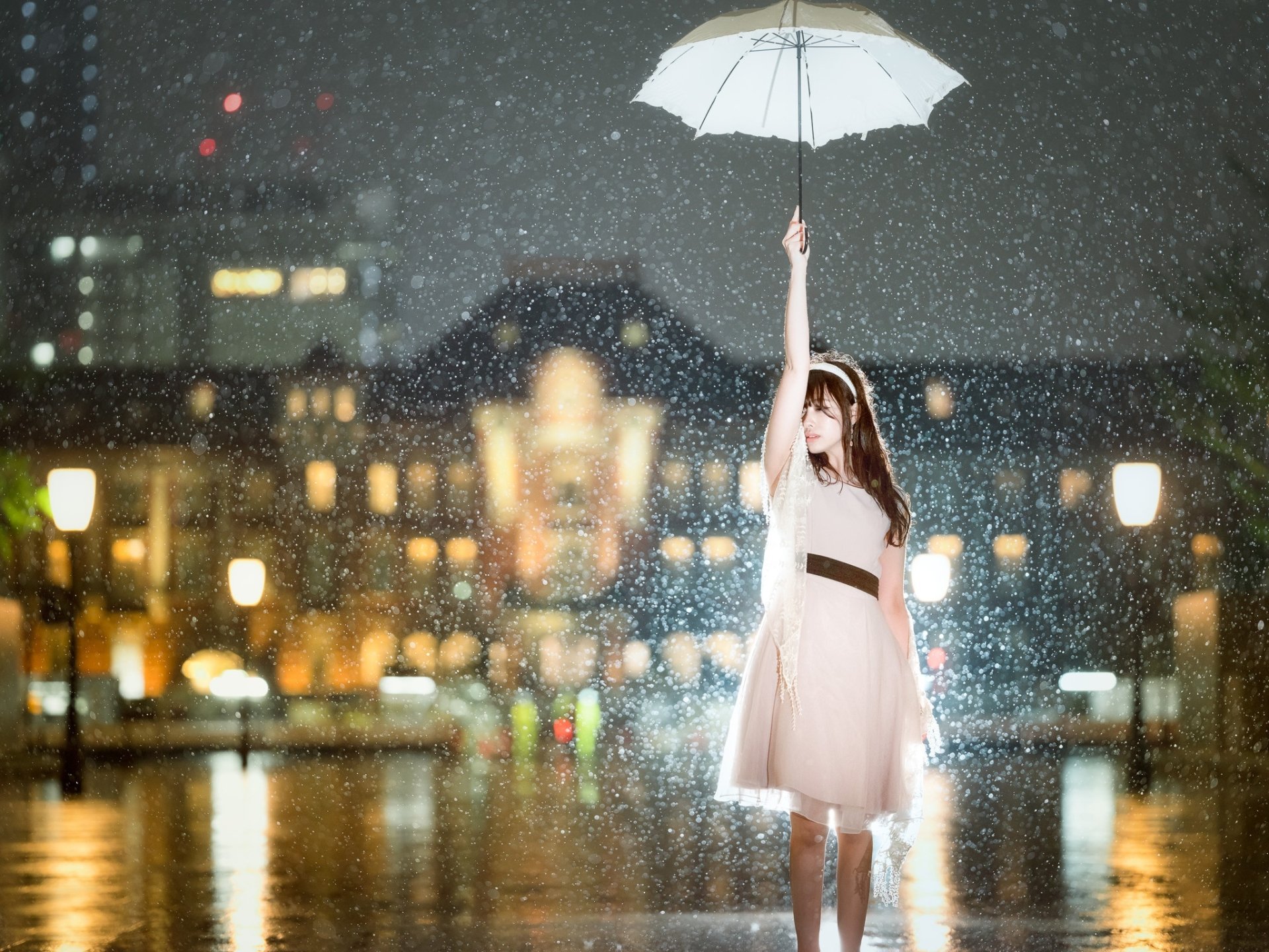 Download Brunette White Dress Umbrella Rain Depth Of Field Night Model Woman Asian HD Wallpaper by Shoichi Asaoka