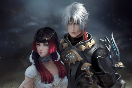 HD PC desktop wallpaper/background from video game Final Fantasy XIV: a silver‑haired armored knight stands beside a red‑haired sorceress against a moody, stormy backdrop.