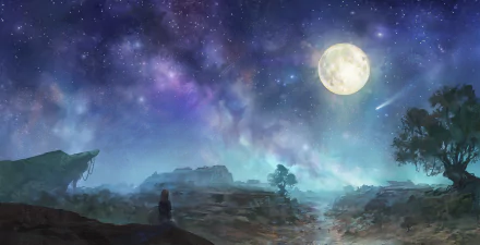 HD anime-style desktop wallpaper featuring an original scene of a glowing full moon over a starry, mystical night landscape.