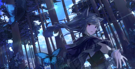 Anime original 2K Quad HD desktop wallpaper: moonlit forest with a long‑haired girl in a dark cloak reaching out as a glowing blue butterfly flutters among tall trees.