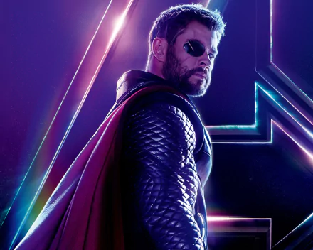HD desktop wallpaper featuring Chris Hemsworth as Thor from the movie Avengers: Infinity War, showcasing him with an eye patch against a vibrant and colorful background.