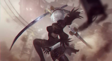 YoRHa No.2 Type B from NieR: Automata in dynamic action pose, detailed 4K Ultra HD PC wallpaper background from the video game.