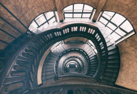 HD PC desktop wallpaper featuring a man-made spiral staircase captured from above, showcasing its architectural curves and geometric design.