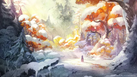 HD desktop wallpaper from the video game I Am Setsuna, depicting a snowy landscape with vibrant orange and white trees and a solitary figure walking through the scene.