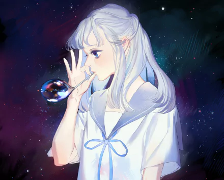 blue eyes white hair long hair bubble Anime girl anime girl HD Desktop Wallpaper | Background Image