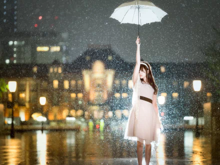 brunette white dress umbrella rain depth of field night model woman asian HD Desktop Wallpaper | Background Image