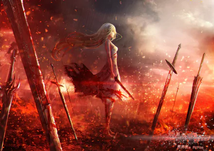 HD fantasy anime original desktop wallpaper depicting a lone female warrior standing amid flaming swords with a dramatic, fiery sky background.