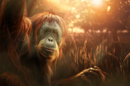 HD desktop wallpaper featuring a close-up of an orangutan, a primate monkey, bathed in warm, golden light amidst tall grass.