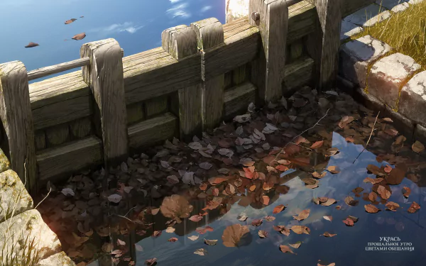 HD anime desktop wallpaper from Maquia: When the Promised Flower Blooms, featuring detailed water reflections and autumn leaves by a wooden fence near a stone path.