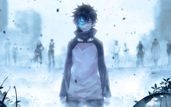 An HD wallpaper of Leonardo Watch from the anime Blood Blockade Battlefront, featuring a atmospheric scene with a character standing amidst a mysterious backdrop and shadowy figures.