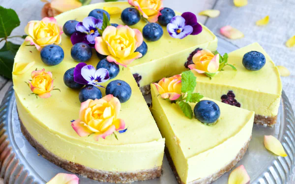 A vibrant blueberry cheesecake adorned with fresh blueberries and pastel flowers, showcased as a HD PC desktop wallpaper and background.