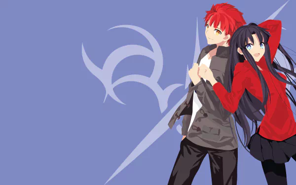 4K Ultra HD wallpaper of Rin Tohsaka and Shirou Emiya from the anime Fate/Stay Night: Unlimited Blade Works on a blue background with a stylized emblem.