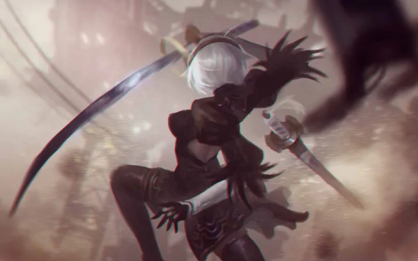 YoRHa No.2 Type B from NieR: Automata in dynamic action pose, detailed 4K Ultra HD PC wallpaper background from the video game.