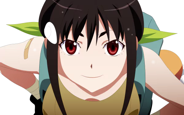 Close-up of Mayoi Hachikuji from Bakemonogatari with striking red eyes, featured in an 8K Ultra HD anime wallpaper from the Monogatari series.