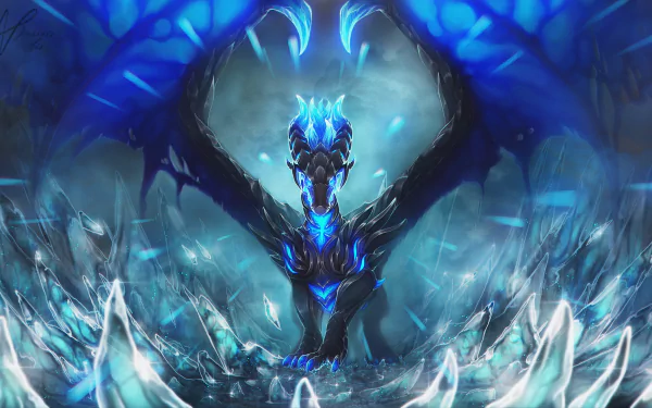 A majestic ice dragon with glowing blue flames stands amid frozen spikes in a fantasy HD PC desktop wallpaper and background.