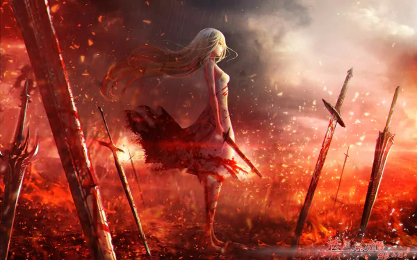 HD fantasy anime original desktop wallpaper depicting a lone female warrior standing amid flaming swords with a dramatic, fiery sky background.