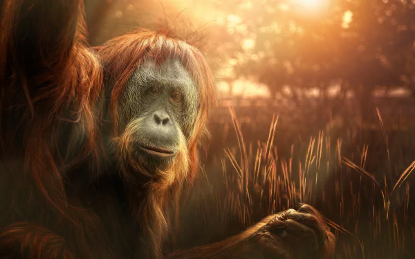 HD desktop wallpaper featuring a close-up of an orangutan, a primate monkey, bathed in warm, golden light amidst tall grass.