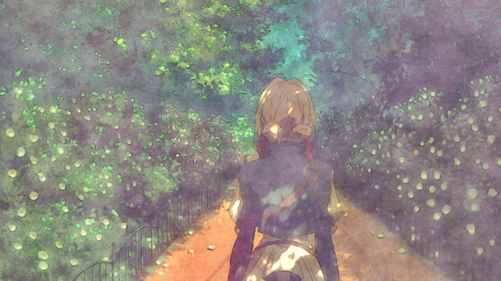 HD wallpaper of Violet Evergarden from the anime Violet Evergarden, depicting her walking through a dreamy, green, and sunlit forest path.