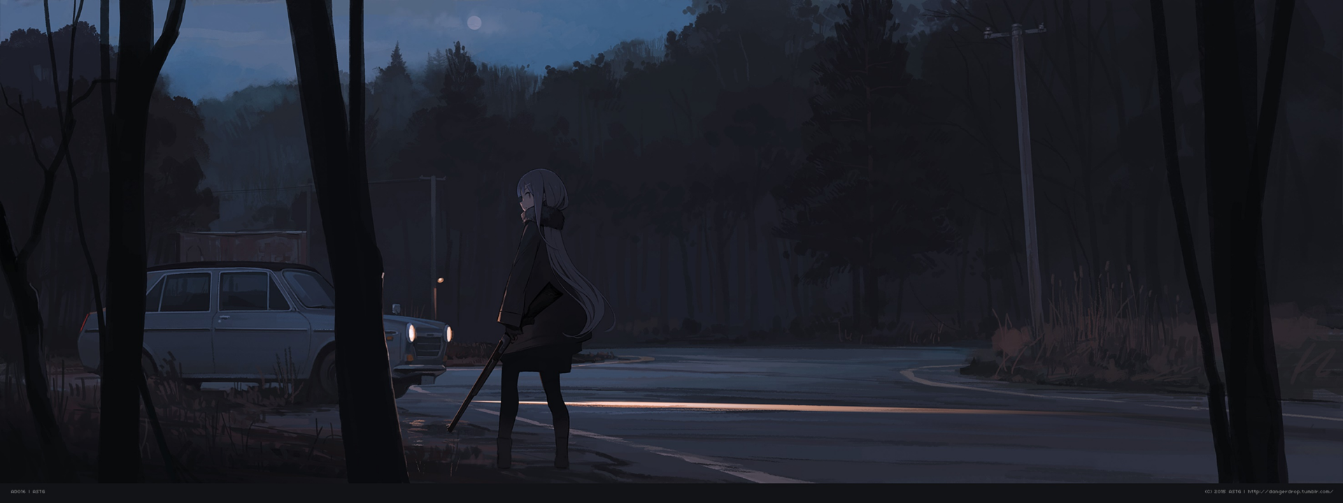 Anime original HD PC desktop wallpaper: long brown-haired figure with a gun beside an anime car on a moonlit road, silhouetted against a forested background.