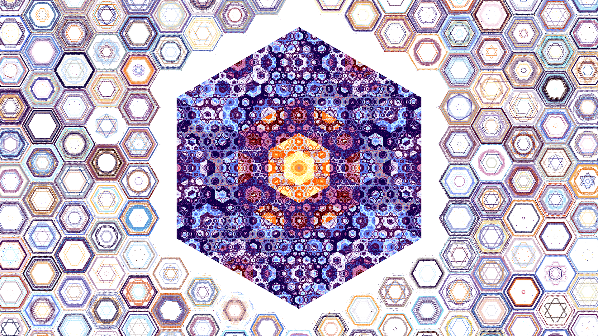 HD PC desktop wallpaper featuring a minimalist abstract fractal design with vibrant hexagon patterns radiating from a bright central point.