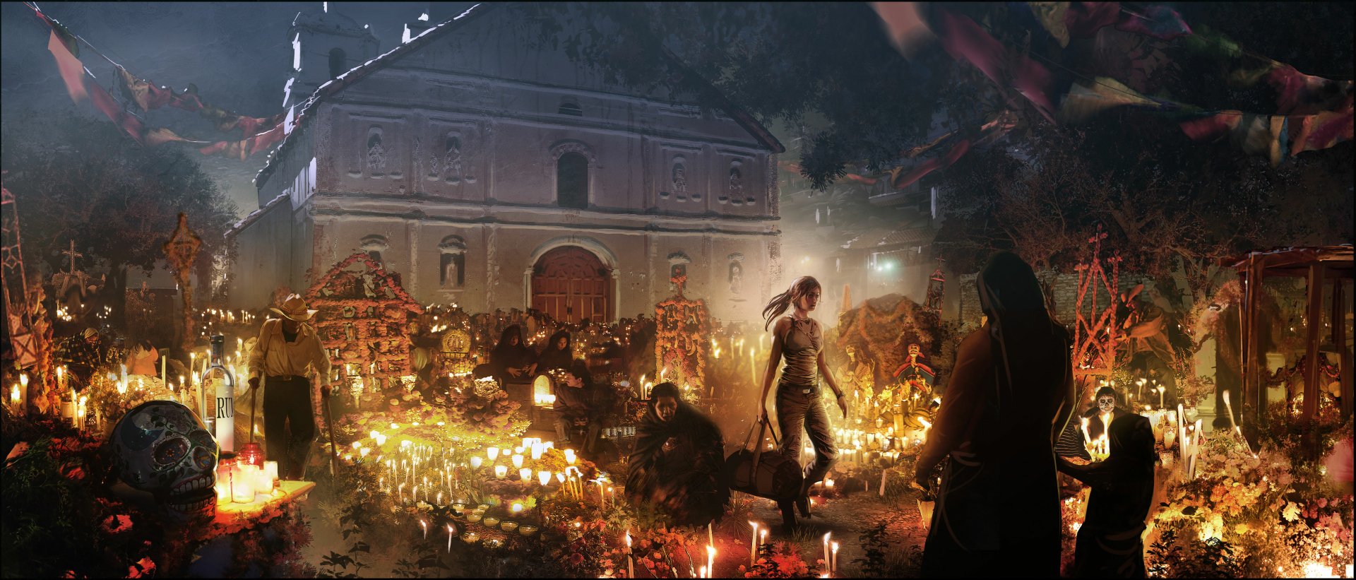 Lara Croft stands amidst a candlelit ritual scene at night, from the video game Shadow of the Tomb Raider, captured in HD for a PC desktop wallpaper.