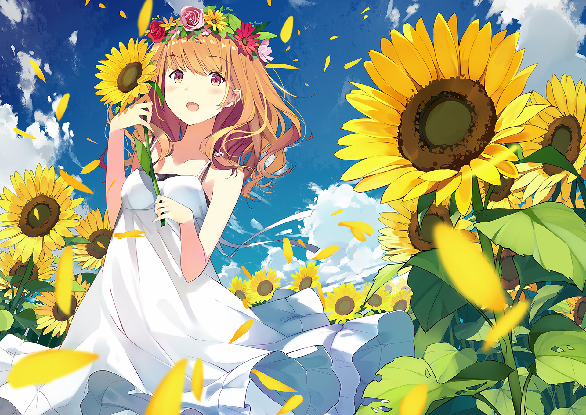 Anime-style HD PC desktop wallpaper featuring an original character in a white dress surrounded by vibrant sunflowers under a bright blue sky.