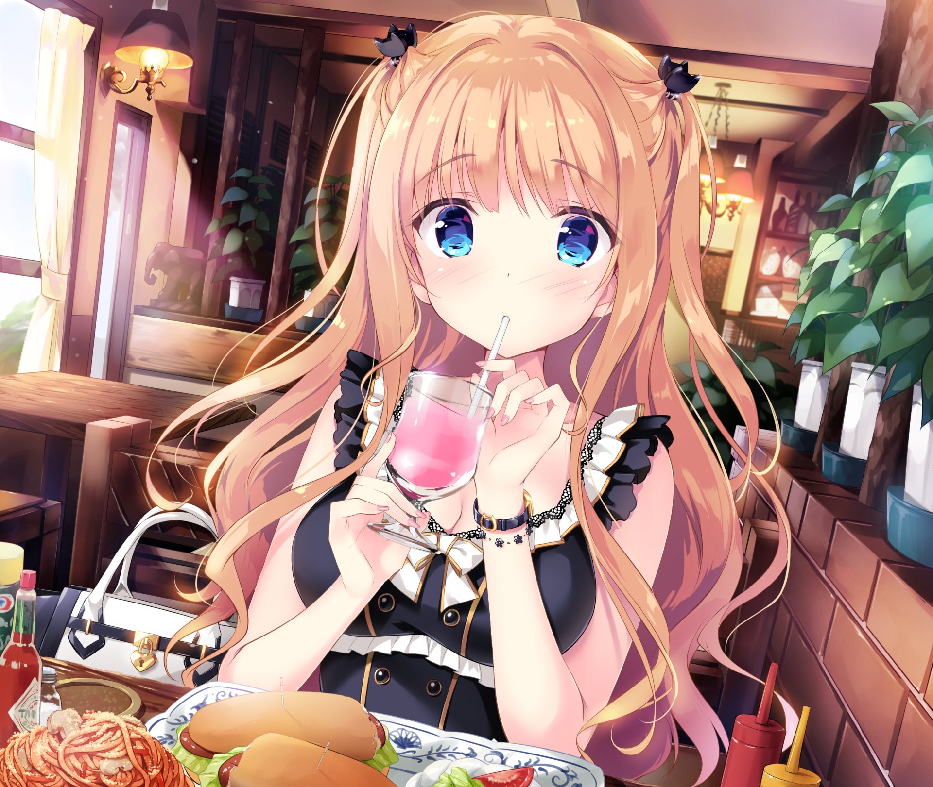 Anime-style blonde girl with long twintails and blue eyes sipping a straw drink, blushing softly, seated indoors with a bag and food nearby in a vibrant HD desktop wallpaper.