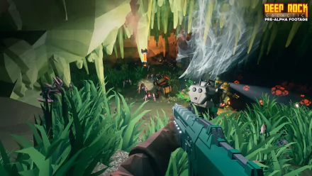 HD Deep Rock Galactic desktop wallpaper featuring a first-person view of a firearm and a cavernous environment with lush vegetation and characters.