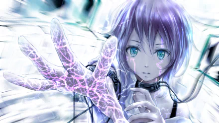 HD anime desktop wallpaper featuring a futuristic anime girl with glowing violet hair and electric energy crackling from her outstretched hand.