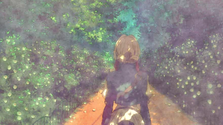 HD wallpaper of Violet Evergarden from the anime Violet Evergarden, depicting her walking through a dreamy, green, and sunlit forest path.