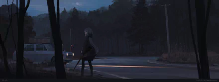 Anime original HD PC desktop wallpaper: long brown-haired figure with a gun beside an anime car on a moonlit road, silhouetted against a forested background.