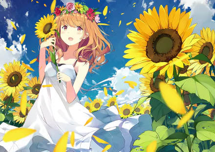 Anime-style HD PC desktop wallpaper featuring an original character in a white dress surrounded by vibrant sunflowers under a bright blue sky.