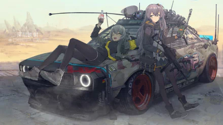 A vibrant HD wallpaper featuring UMP45 and UMP40 from Girls Frontline, leaning against a rugged vehicle in a desolate landscape, embodying a post-apocalyptic vibe.