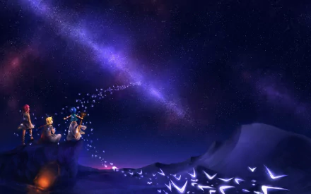 HD PC wallpaper: Magi: the labyrinth of magic anime characters stand on a cliff beneath a purple starfield, a sparkling starlight trail winding across moonlit dunes.