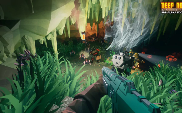 HD Deep Rock Galactic desktop wallpaper featuring a first-person view of a firearm and a cavernous environment with lush vegetation and characters.