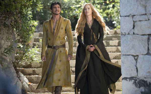 4K Ultra HD wallpaper featuring Pedro Pascal as Oberyn Martell and Lena Headey as Cersei Lannister from the TV show Game of Thrones, walking outdoors on stone steps.