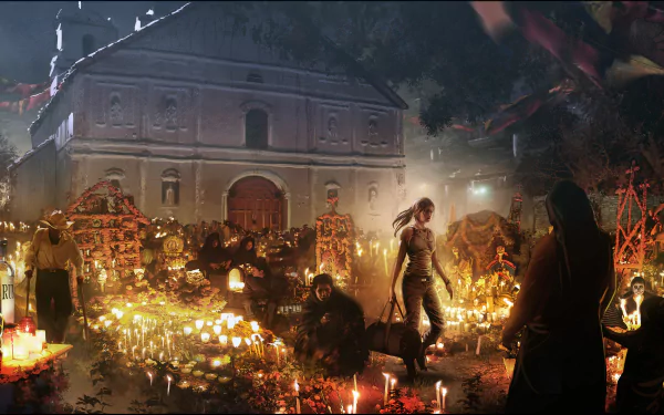 Lara Croft stands amidst a candlelit ritual scene at night, from the video game Shadow of the Tomb Raider, captured in HD for a PC desktop wallpaper.
