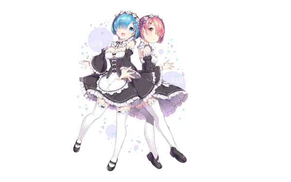 4K Ultra HD anime wallpaper featuring Ram and Rem from Re:Zero - Starting Life in Another World, showcasing the twin maids in detailed maid outfits.
