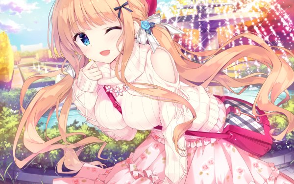 Anime Original Long Hair Twintails Blonde Wink Bag Blue Eyes Cap bow Braid Flower HD Wallpaper | Background Image