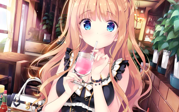 Anime-style blonde girl with long twintails and blue eyes sipping a straw drink, blushing softly, seated indoors with a bag and food nearby in a vibrant HD desktop wallpaper.