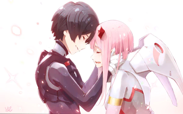 Hiro and Zero Two from Darling in the FranXX share an intimate moment in this HD anime wallpaper. The background is softly lit, enhancing the tender atmosphere between the characters.