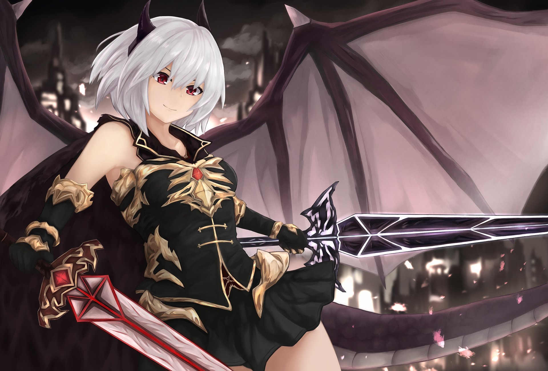 HD anime original desktop wallpaper featuring a white-haired character with red eyes, wearing intricate black and gold armor, holding two swords, set against a dark, dramatic background.