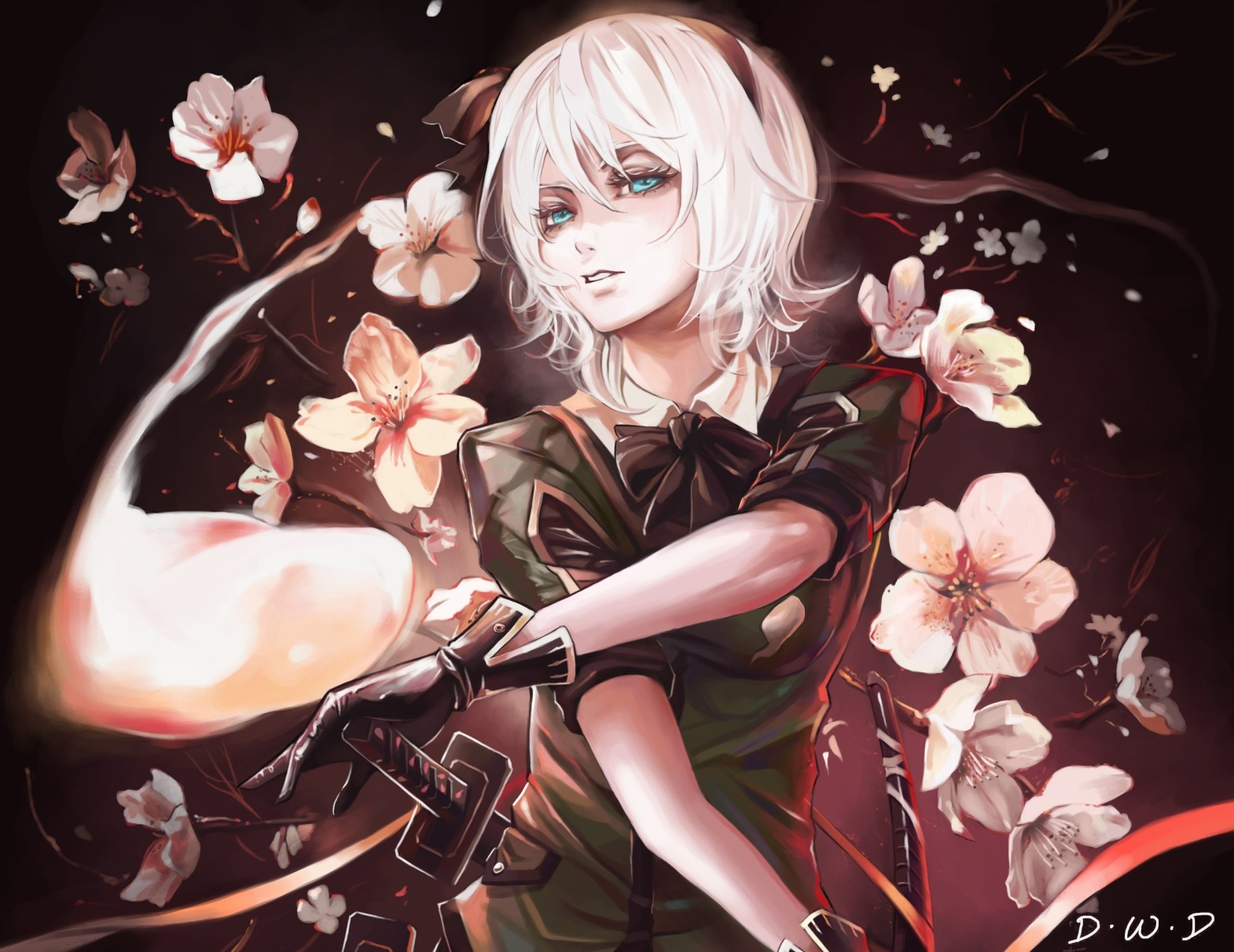Youmu Konpaku (Touhou) anime portrait: white hair and aqua eyes, twin swords and a ghostly blade amid floating cherry blossoms — 2K Quad HD PC desktop wallpaper
