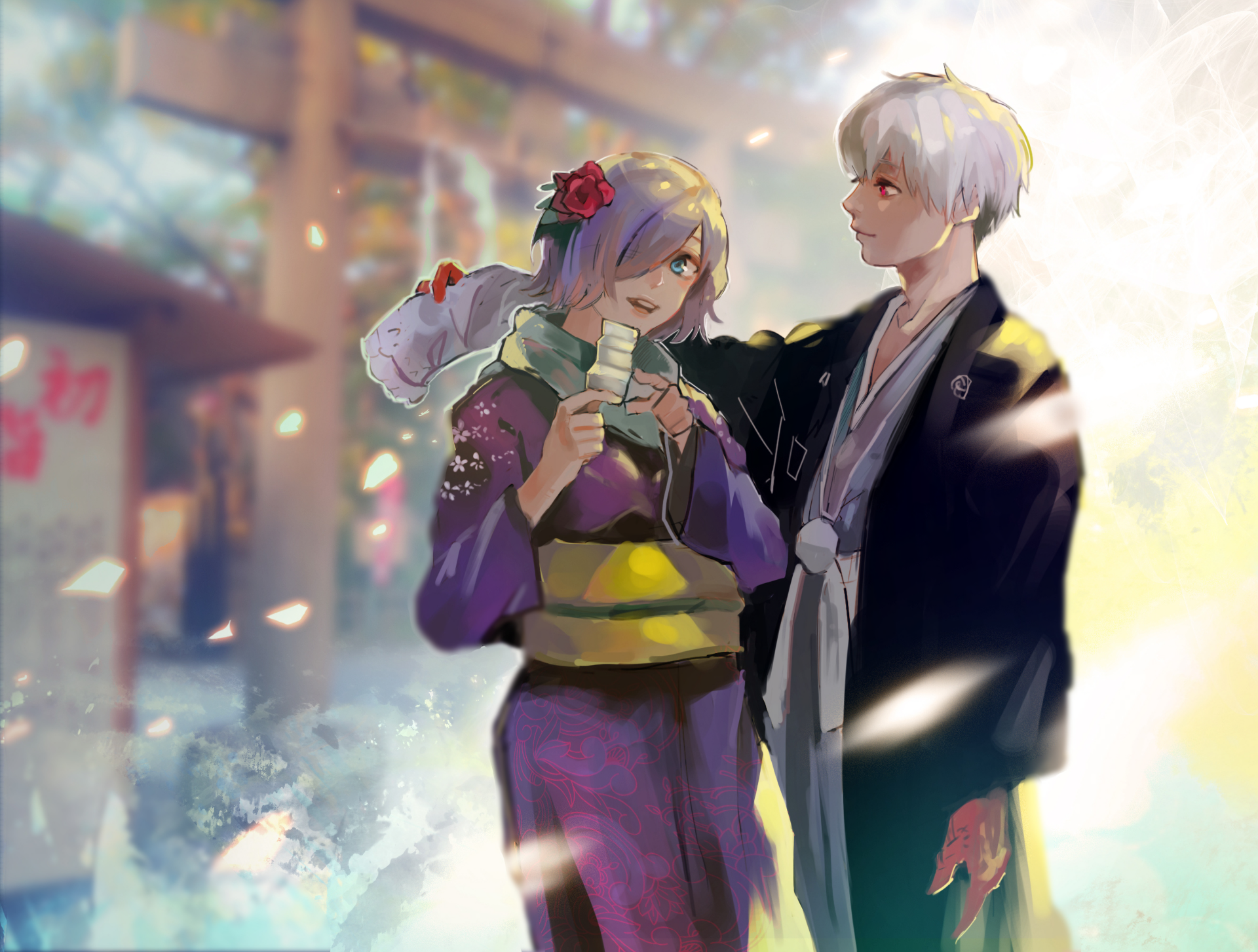 HD desktop wallpaper featuring Haise Sasaki, Ken Kaneki, and Touka Kirishima from the anime Tokyo Ghoul, in a serene moment with beautiful lighting and detailed background scenery.