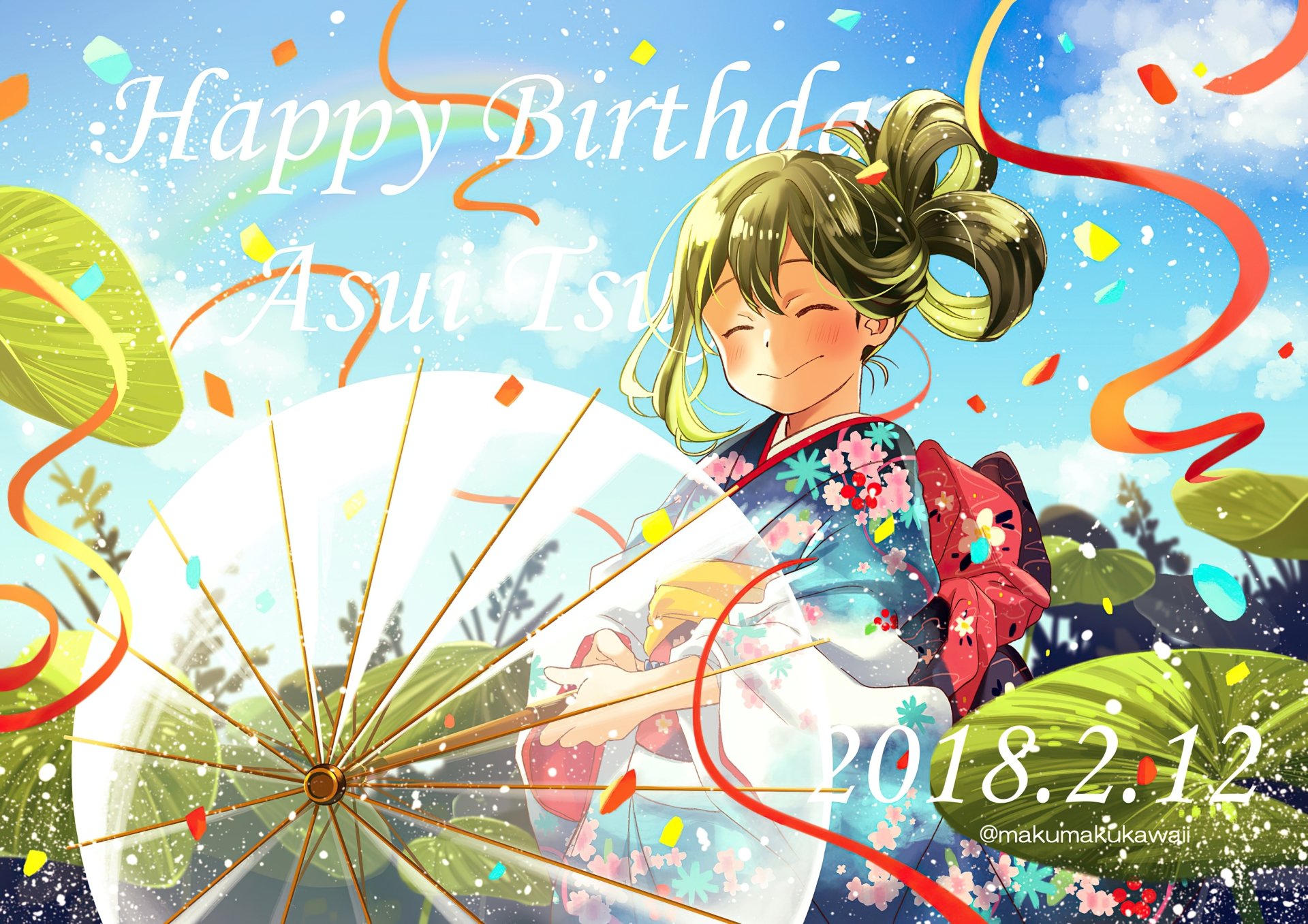 HD anime desktop wallpaper featuring Tsuyu Asui from My Hero Academia in a colorful kimono, celebrating her birthday with festive decorations and a bright outdoor background.