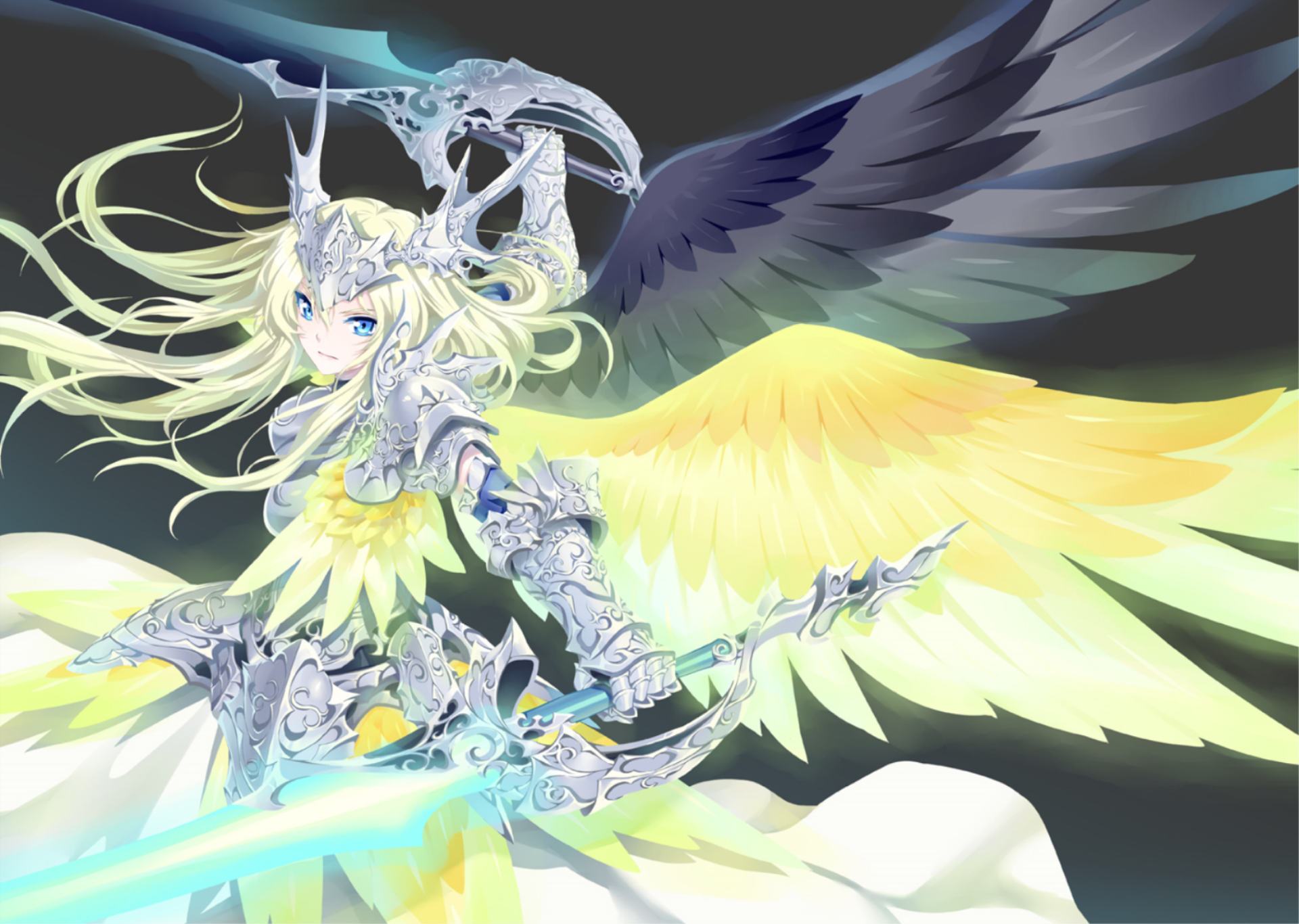 Anime-style original character with long blonde hair, blue eyes, ornate armor, and a headdress, wielding a glowing sword and spreading large yellow and black wings.