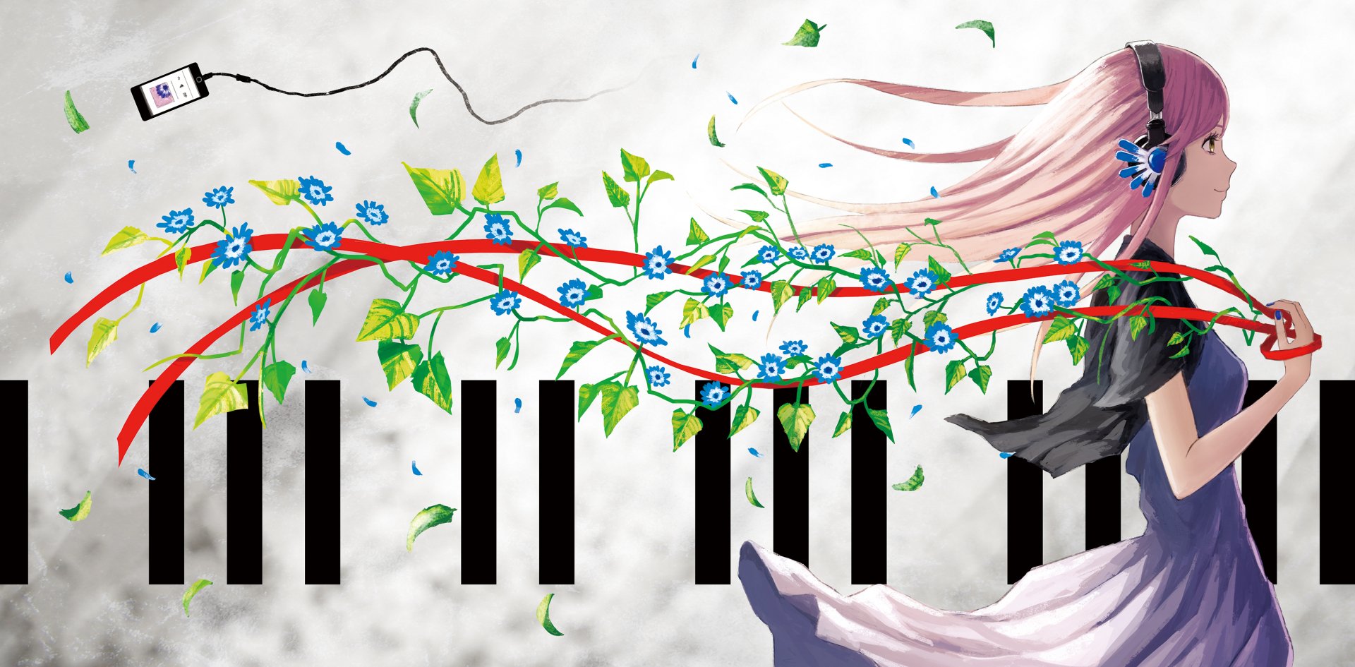HD anime wallpaper featuring an original character with long pink hair, standing beside piano keys with vines and flowers intertwining through them, creating a vibrant and whimsical background.