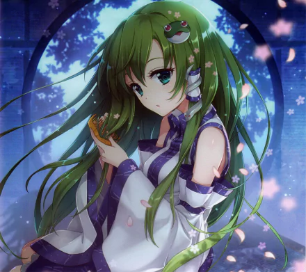 HD PC desktop wallpaper/background: Sanae Kochiya (Touhou) — anime girl with long green hair in shrine‑style outfit, holding a charm under a moonlit blue sky with falling petals.
